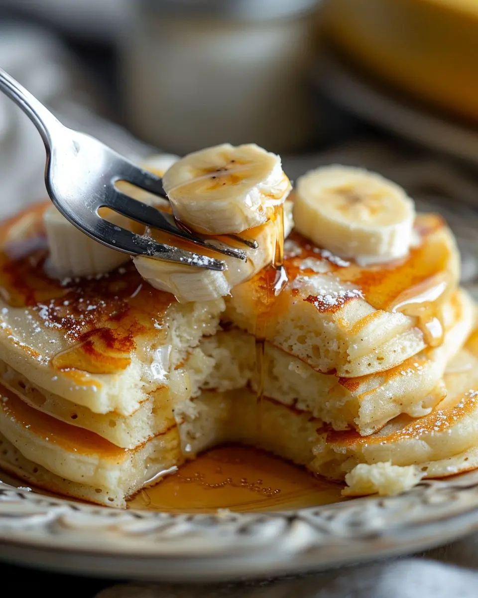 Stack of fluffy banana pancakes with maple syrup, butter, and fresh banana slices on white plate