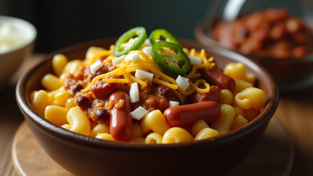 Close-Up of Creamy Chili Dog Mac and Cheese with Jalapeños