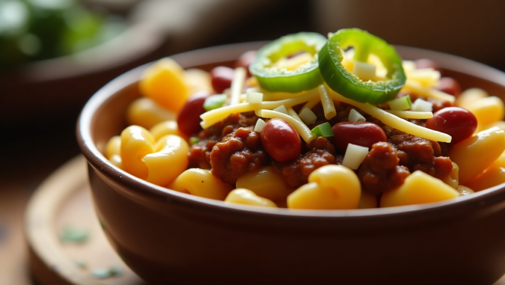 Chili dog mac and cheese in a rustic bowl topped with sliced hot dogs, chili, melted cheese, onions, and jalapeños