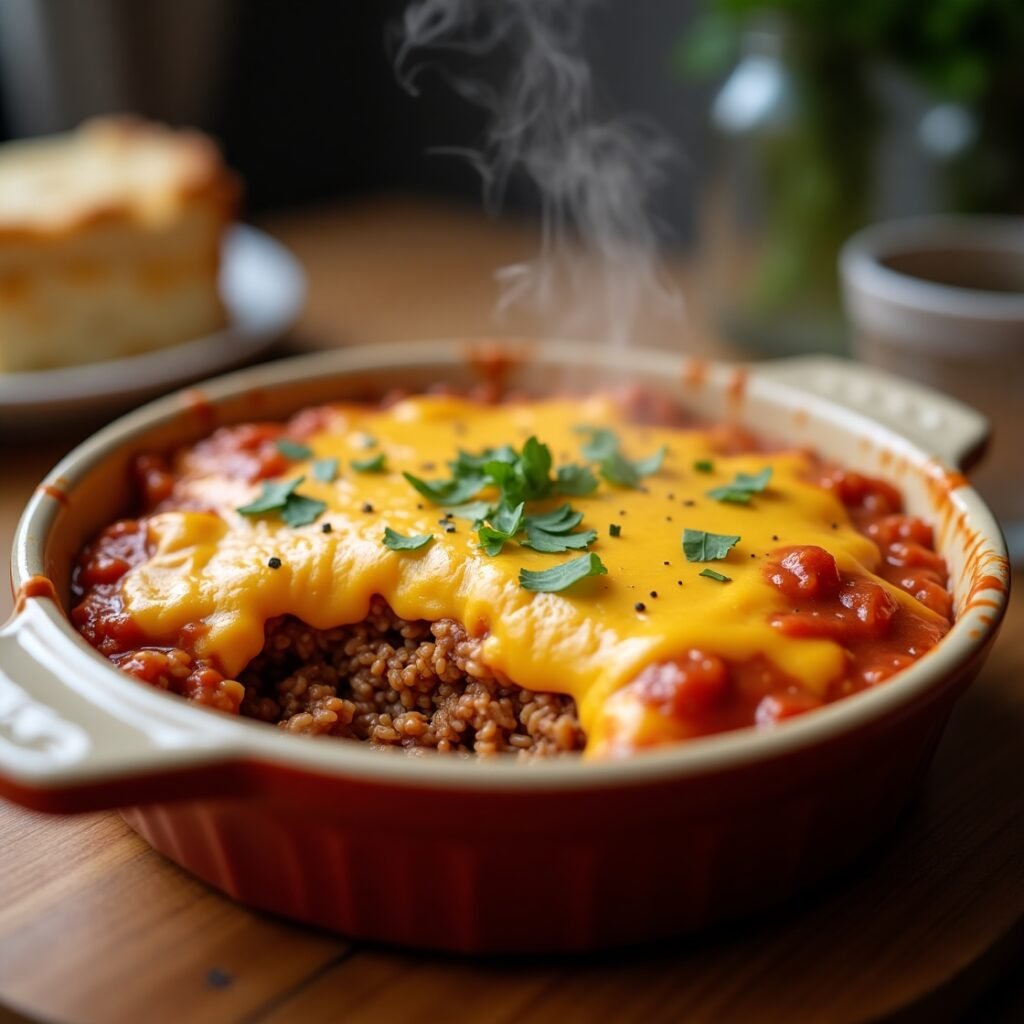 Close-up of a ground beef casserole with melted cheese, rice, and tomato sauce, garnished with parsley in a rustic baking dish.