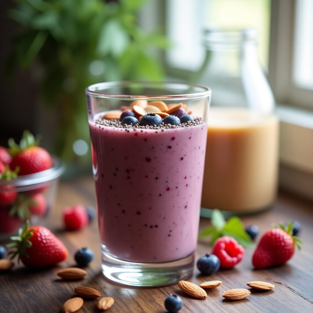 A glass of almond berry smoothie topped with fresh berries, chia seeds, and sliced almonds on a wooden kitchen counter.