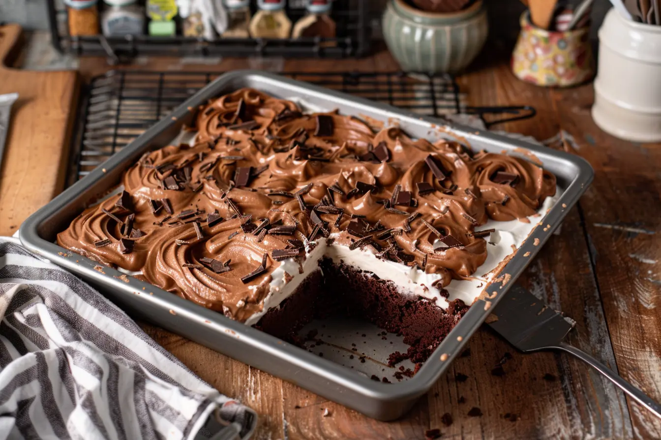 Silk Pie Brownies Slice lifted from a pan of French Silk Pie Brownies, showing fudgy base, silky chocolate layer, and whipped cream curls.