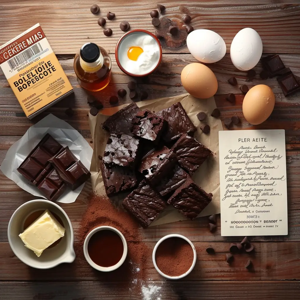 Silk Pie Brownies Flat lay of ingredients for French Silk Pie Brownies—brownie mix, butter, sugar, chocolate, pasteurized eggs, cream, and vanilla.