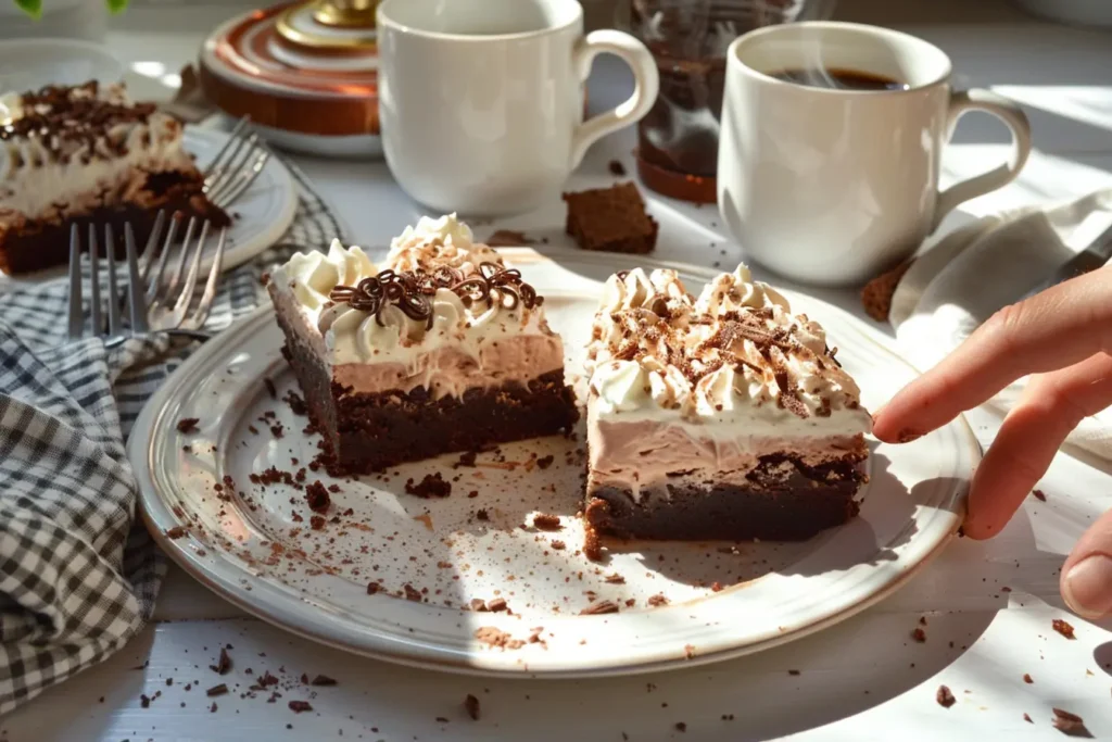 Silk Pie Brownies Two plated French Silk Pie Brownies with whipped cream and chocolate curls, one bite taken, coffee mugs nearby.