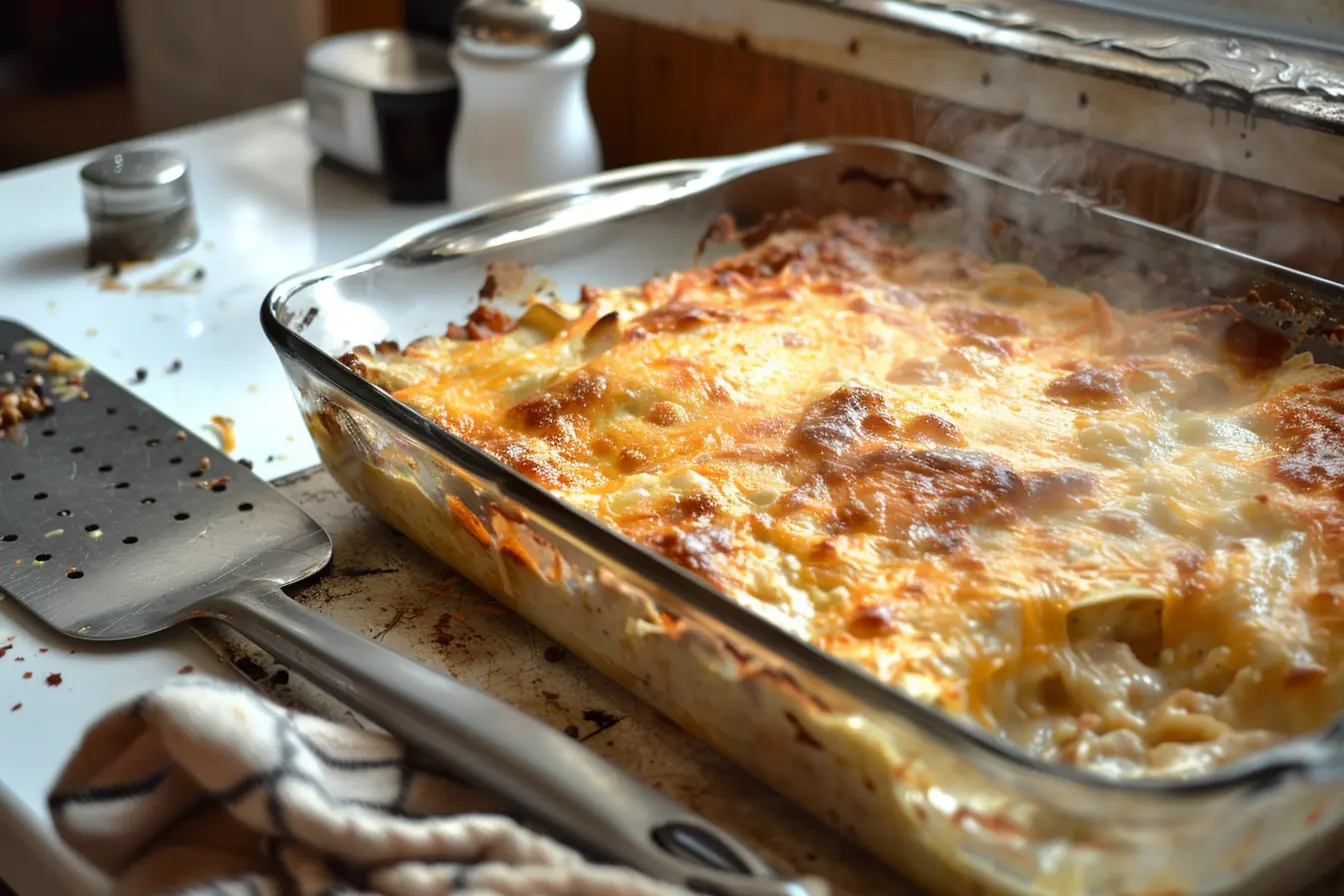 Freshly baked Mexican tortilla casserole in a glass dish, cheese browned and bubbly, corner slice lifted to show layered tortillas, beans, and corn.