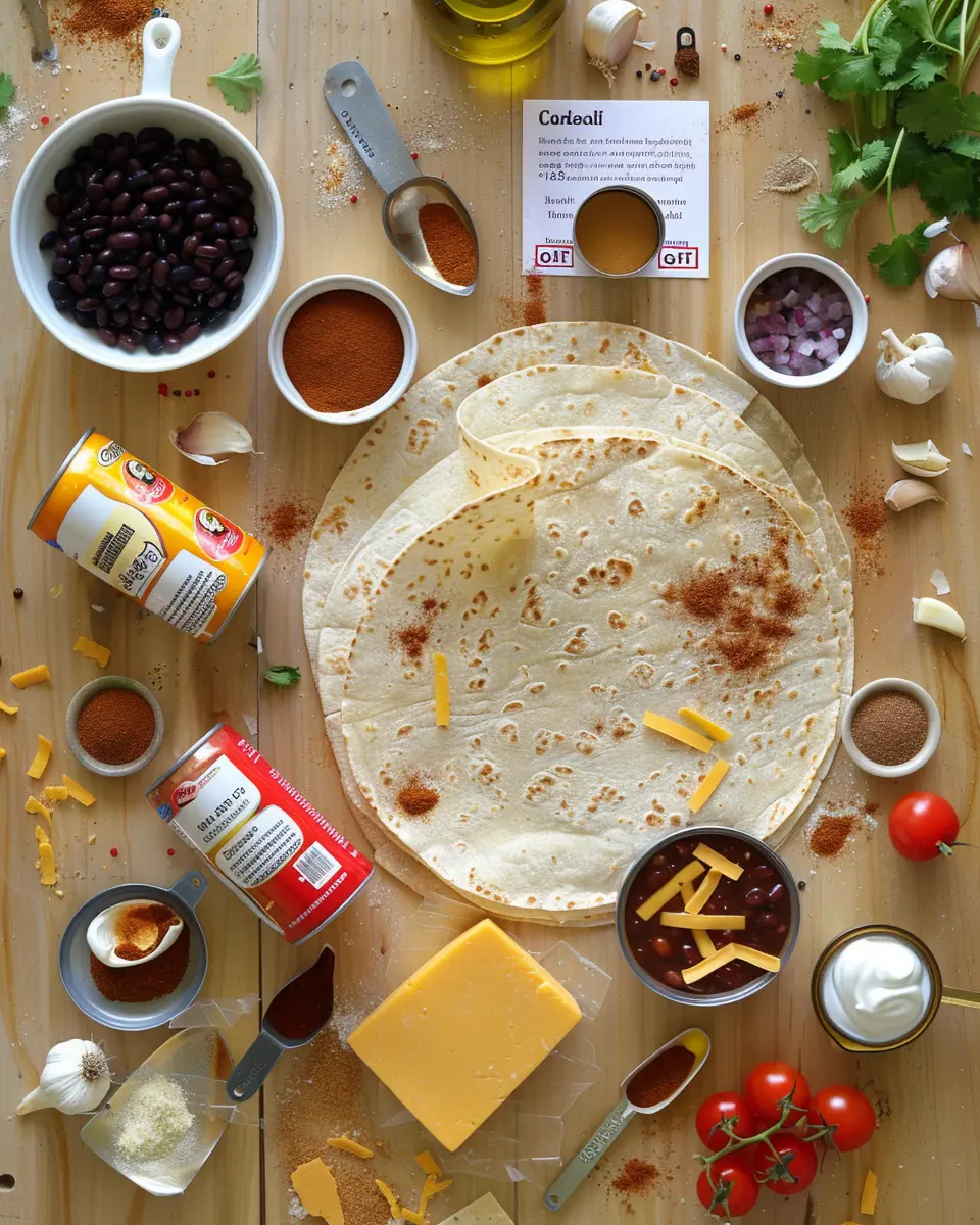 Flat lay of tortillas, black beans, corn, diced tomatoes, cheddar, onion, garlic, cumin, chili powder, cilantro, sour cream, and olive oil.