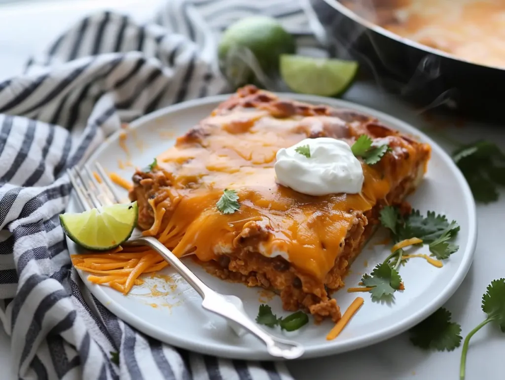 Square slice of tortilla casserole on a white plate with cheese pull, sour cream, cilantro, and a lime wedge.