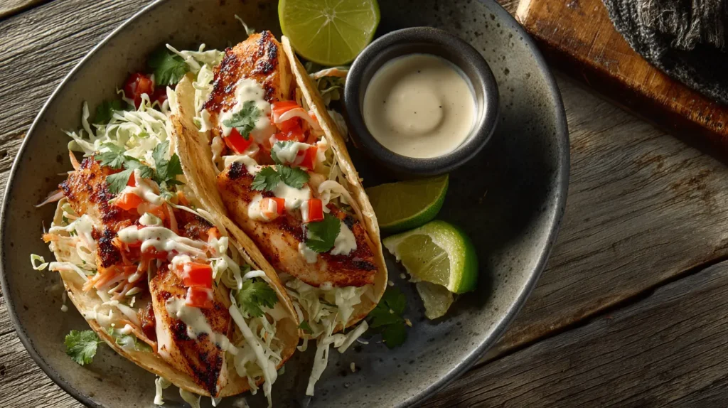 Chipotle‑lime grilled fish tacos on stoneware with cabbage, tomatoes, cilantro, lime wedges, and crema drizzle in warm natural light.