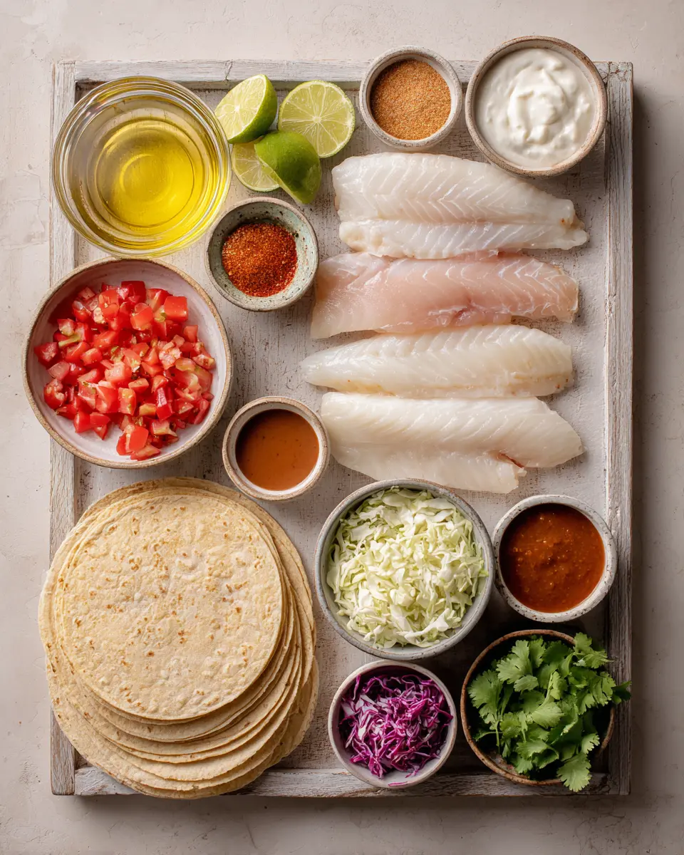 Overhead flat lay of ingredients for chipotle‑lime grilled fish tacos: white fish, corn tortillas, limes, sour cream, adobo, tomatoes, cabbage, cilantro, spices.