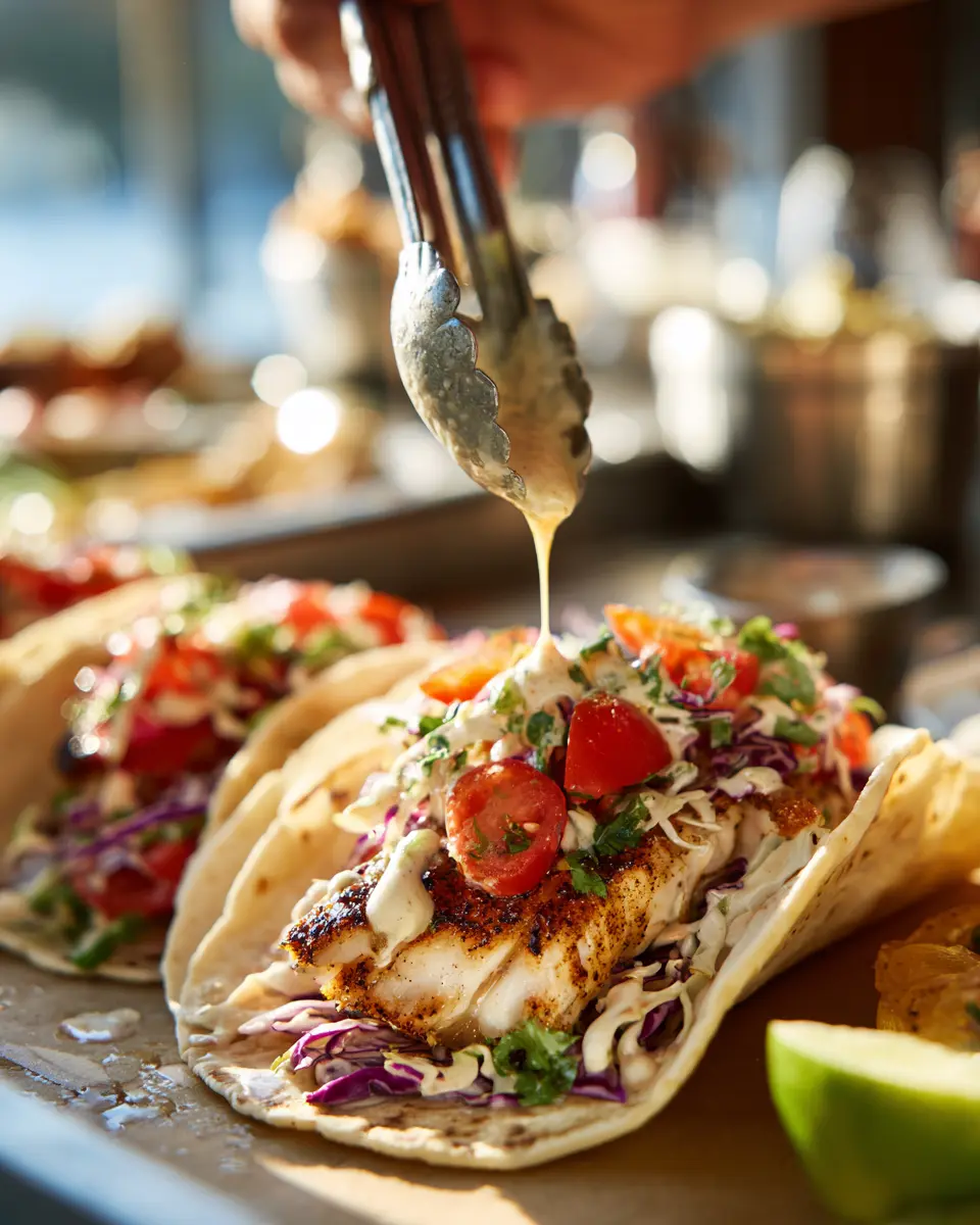 Hand assembling a grilled fish taco as crema drizzles mid‑air; tongs add fish; cabbage, tomatoes, cilantro, and a bright lime squeeze in soft focus.