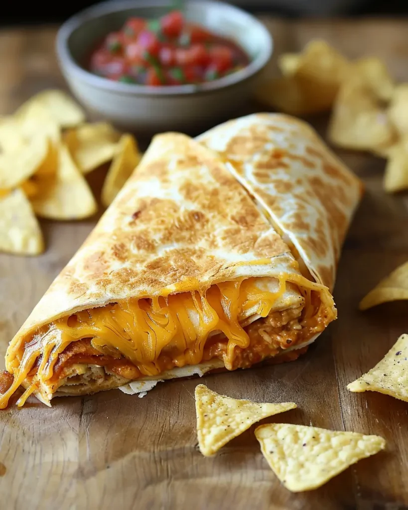 Golden, pan‑seared Homemade Crunchwrap Supreme on a wood table, sliced to show melty layers with a light cheese pull; salsa in a small ramekin.
