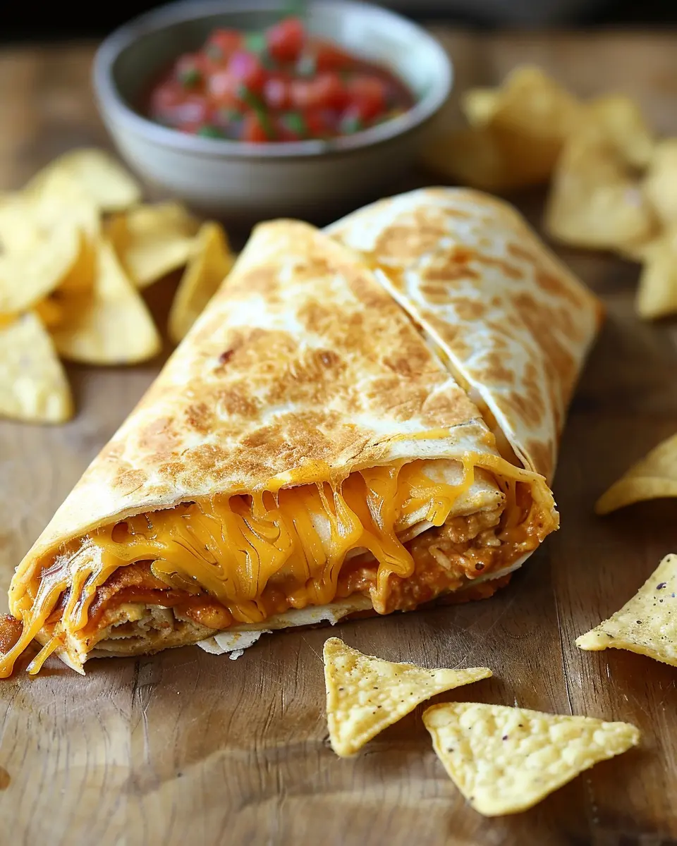 Golden, pan‑seared Homemade Crunchwrap Supreme on a wood table, sliced to show melty layers with a light cheese pull; salsa in a small ramekin.