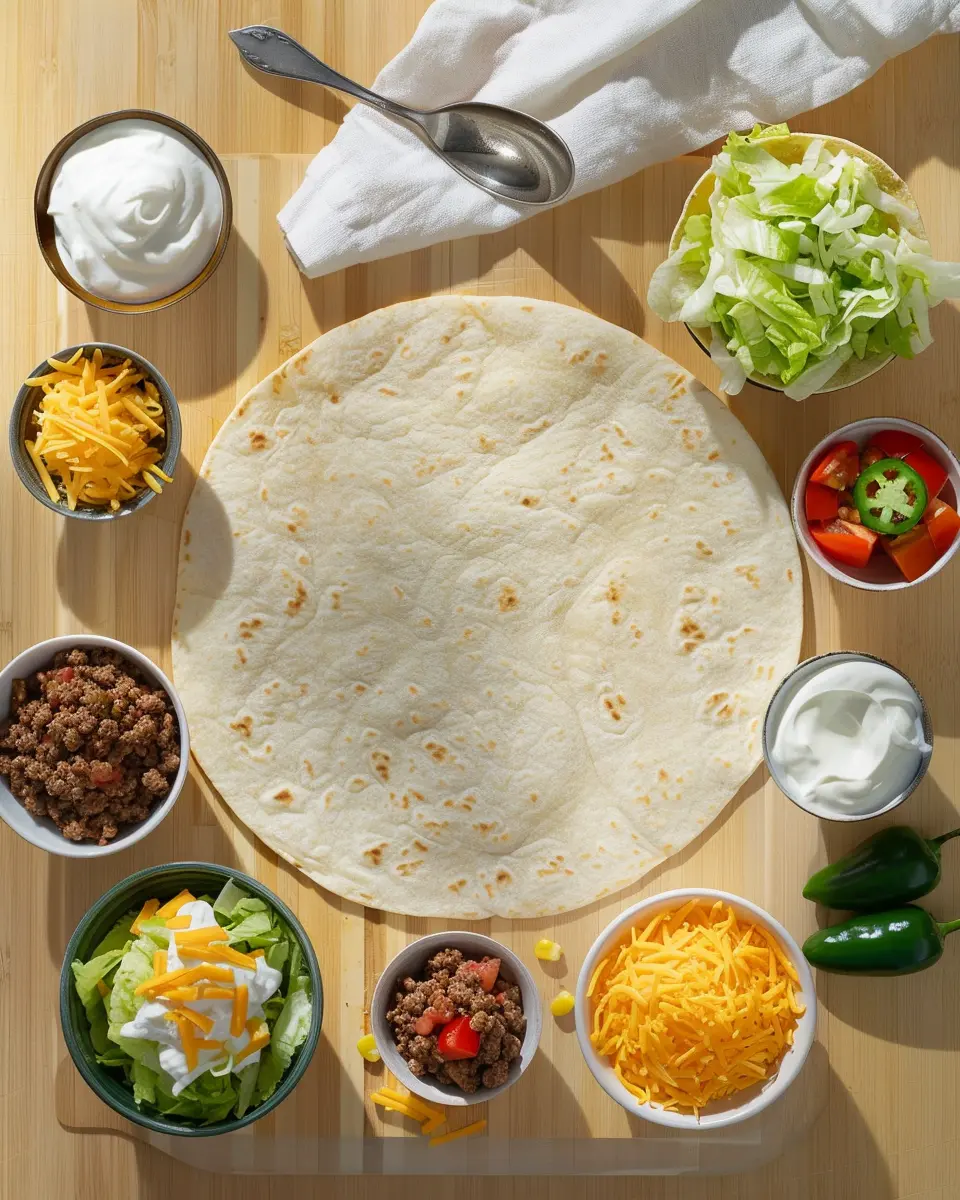  Overhead flat lay of Homemade Crunchwrap Supreme ingredients—flour tortilla, seasoned beef, tostada shell, nacho cheese, shredded cheddar, sour cream, lettuce, tomatoes, jalapeño, and spices in small bowls.