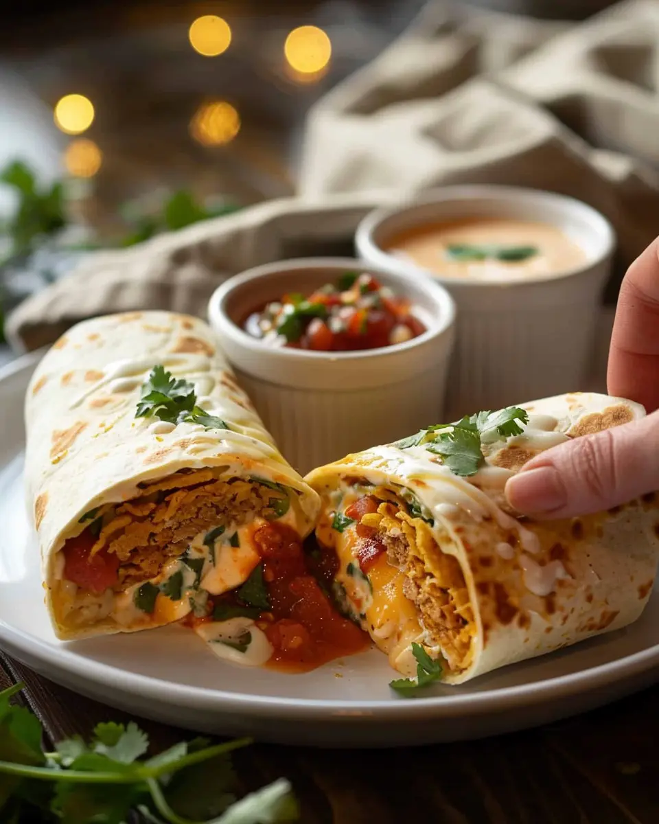 Two Homemade Crunchwrap Supremes cut in halves on a white plate with salsa and queso; a hand reaches for a slice; steam and warm kitchen light.