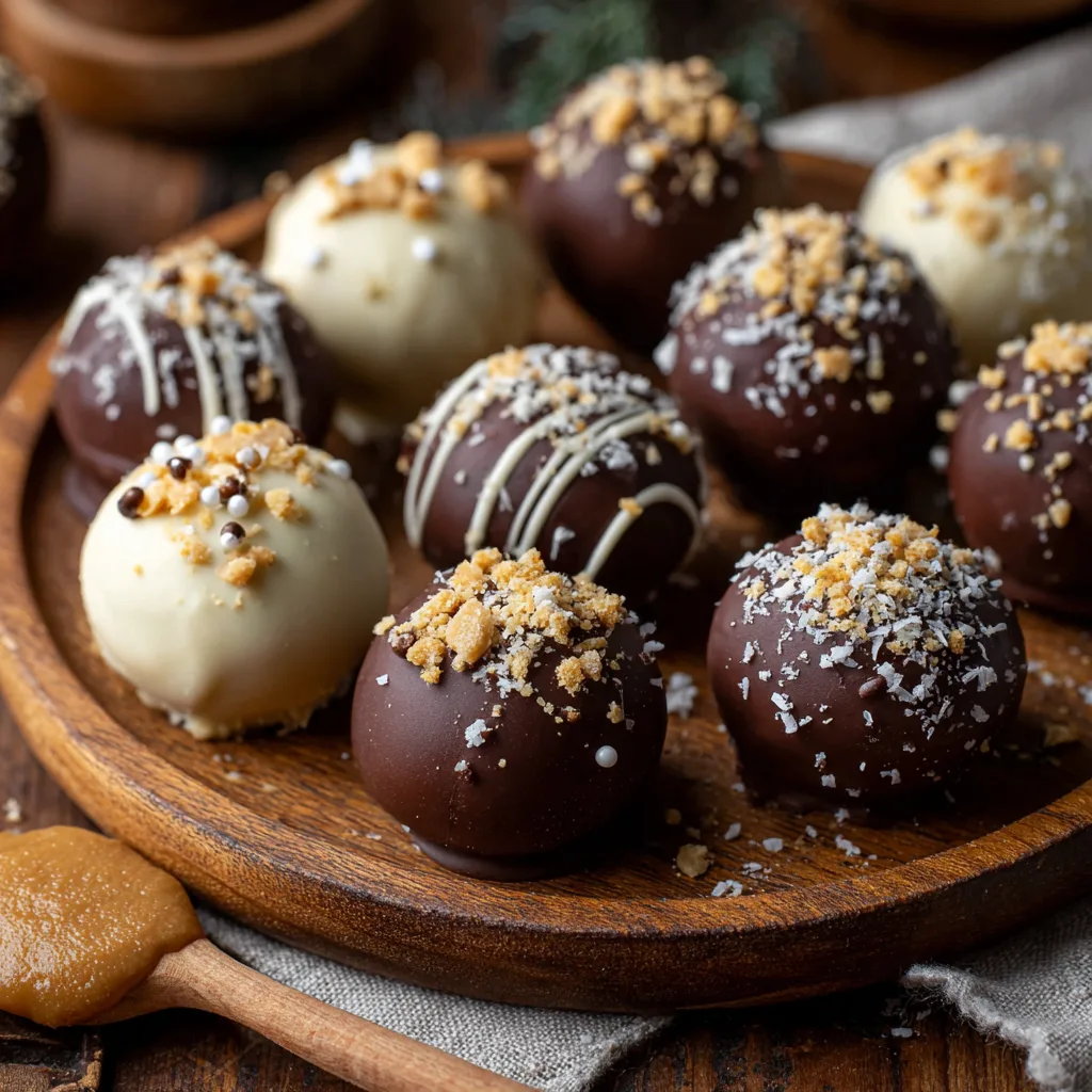 Chocolate-covered peanut butter balls on a rustic table