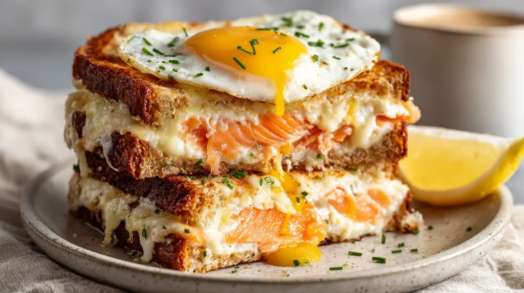 Featured plate of Smoked Salmon Croques with golden crust, silky béchamel, melted Gruyère, chives and lemon, soft natural light.