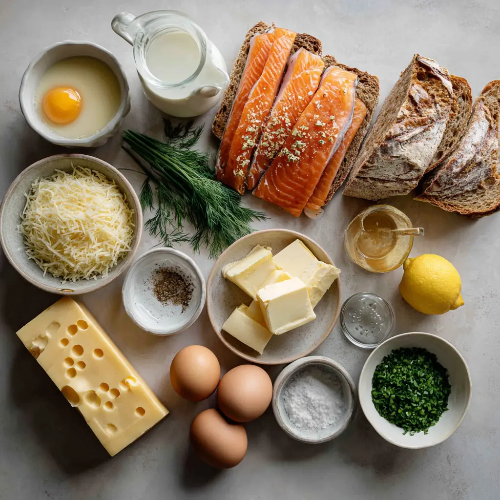 Overhead flat lay: bread, smoked salmon, Gruyère, butter, flour, milk, Dijon mustard, lemon, chives, pepper—ingredients for Smoked Salmon Croques.