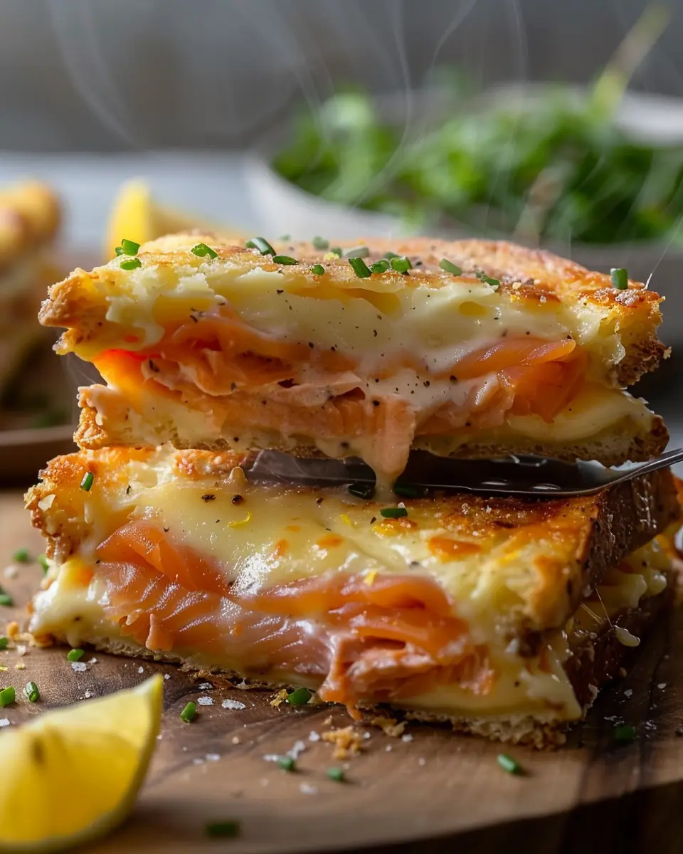 Close‑up cheese pull from Smoked Salmon Croques showing silky béchamel and salmon layers, golden crumbs, soft natural light, salad softly blurred.