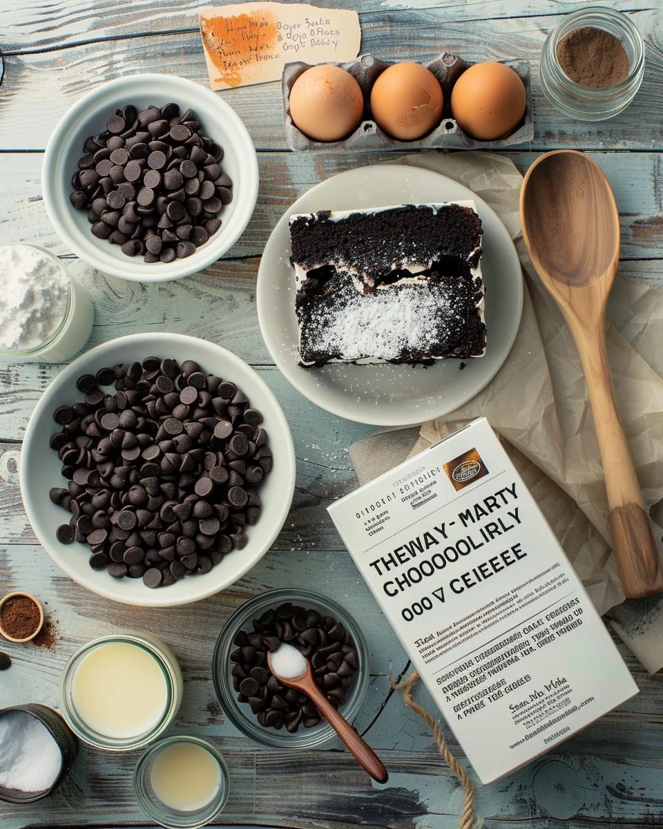 Flat lay of cake mix, cream cheese, dark chocolate chips, buttermilk, butter, eggs, espresso powder, smoked paprika, and smoked sea salt.