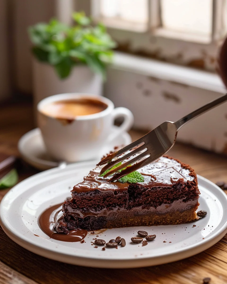 Hand sprinkles smoked sea salt over a warm gooey cake slice with melting vanilla ice cream; espresso cup and raspberries in soft focus.