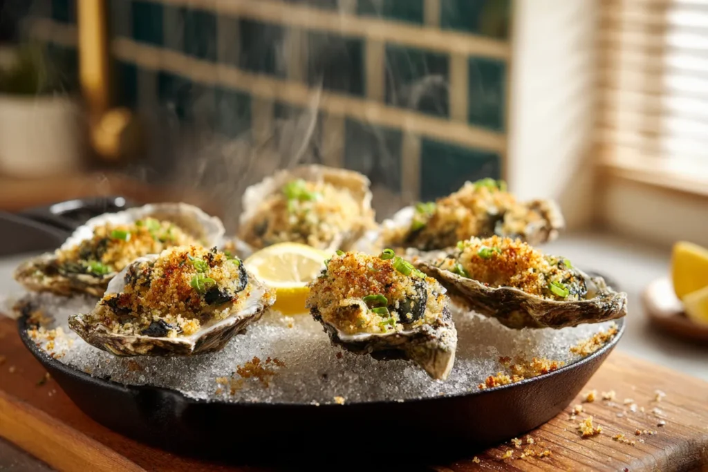 Oysters Rockefeller on the half shell with golden breadcrumb‑spinach topping, steam rising on a salt‑lined sheet pan with lemon wedges.