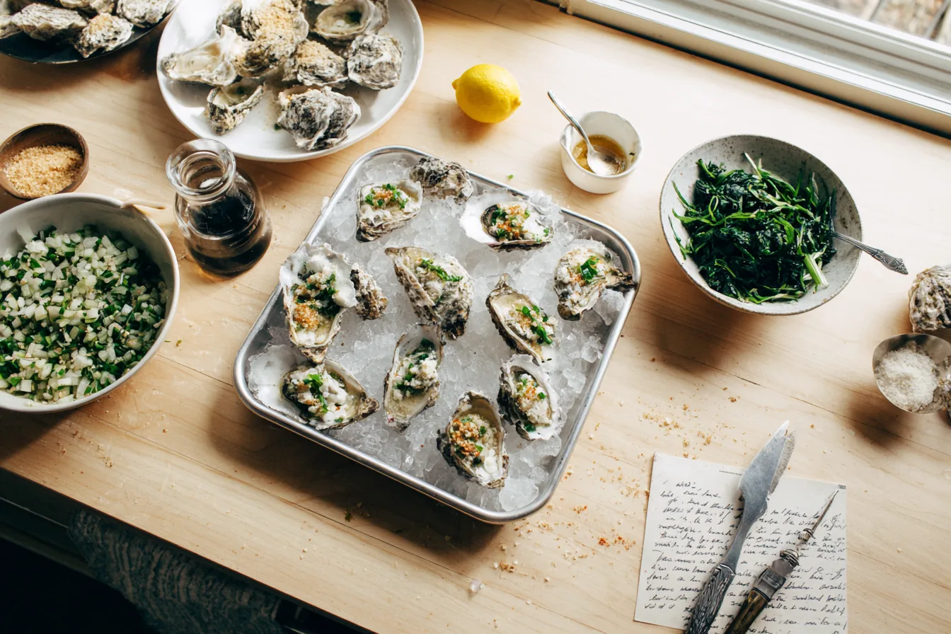 Overhead flat‑lay of Oysters Rockefeller ingredients—live oysters, spinach, bacon, panko, scallions, parsley, butter, garlic, lemon, anise liqueur, hot sauce, kosher salt, and an oyster knife.