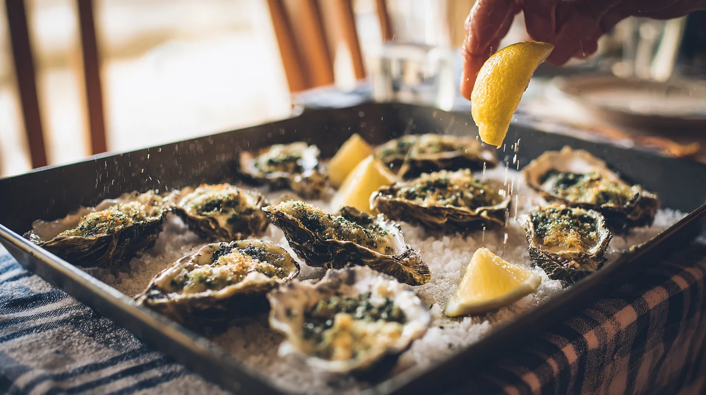 Hand squeezing lemon over hot Oysters Rockefeller arranged on rock salt, parsley sprinkled, steam rising at a cozy dinner table.
