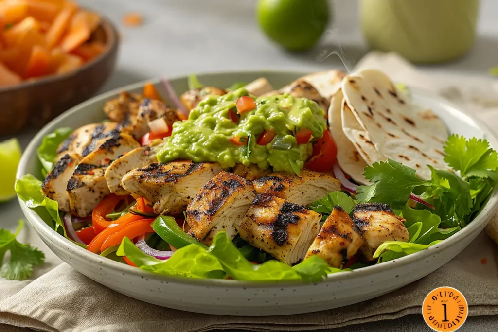 Wholesome Chicken and Veggie Bowl with Guacamole topped with grilled chicken, peppers, onions, and lime