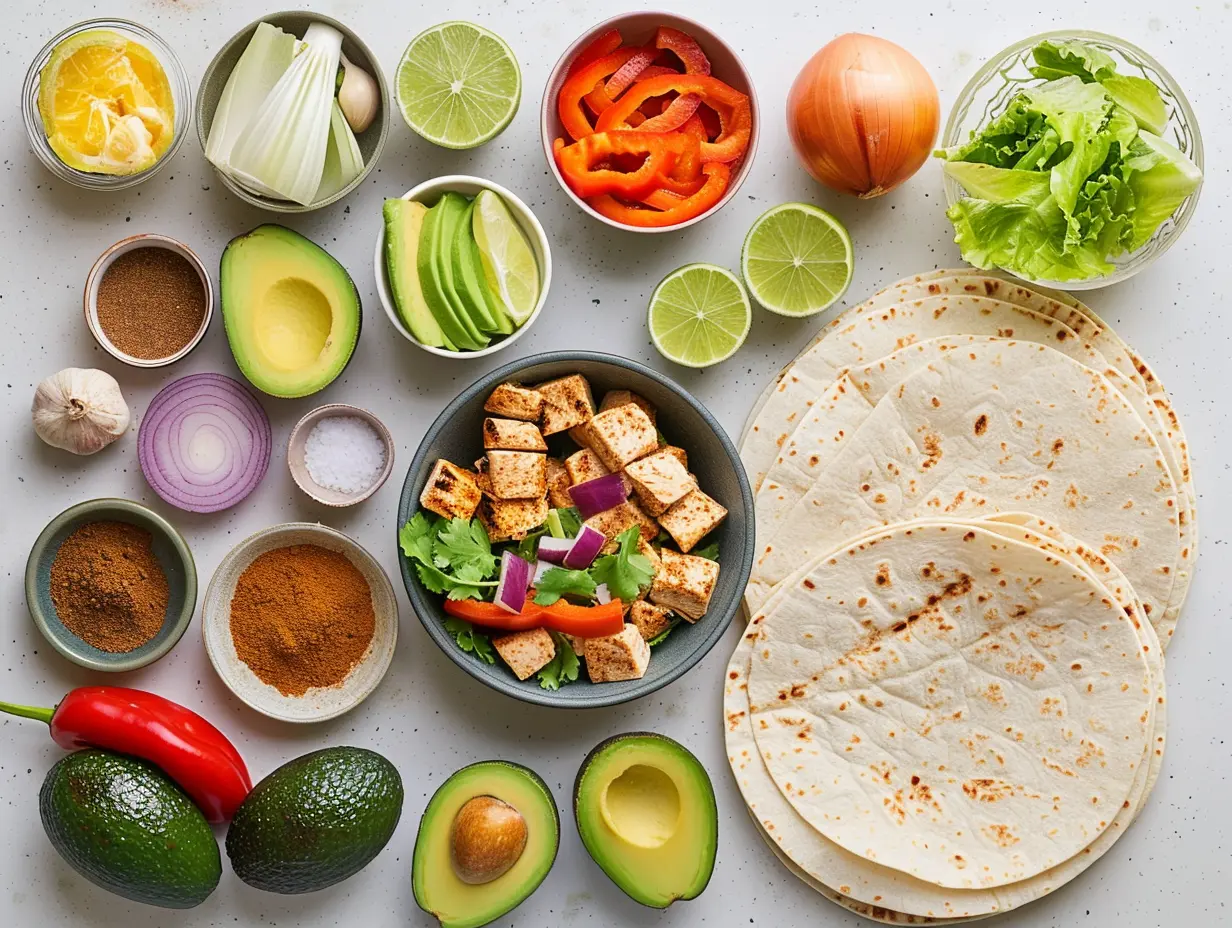 Ingredients for chicken and veggie bowl: grilled chicken, bell peppers, red onion, avocados, spices, romaine, tortillas