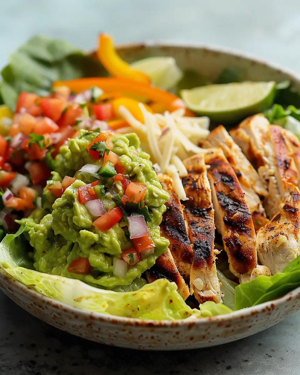Chicken and veggie bowl with creamy guacamole, pico de gallo, and lime on a bed of romaine