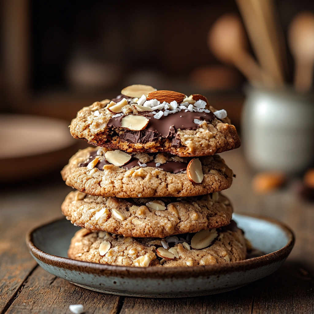 Baked Almond Joy Cookies on parchment