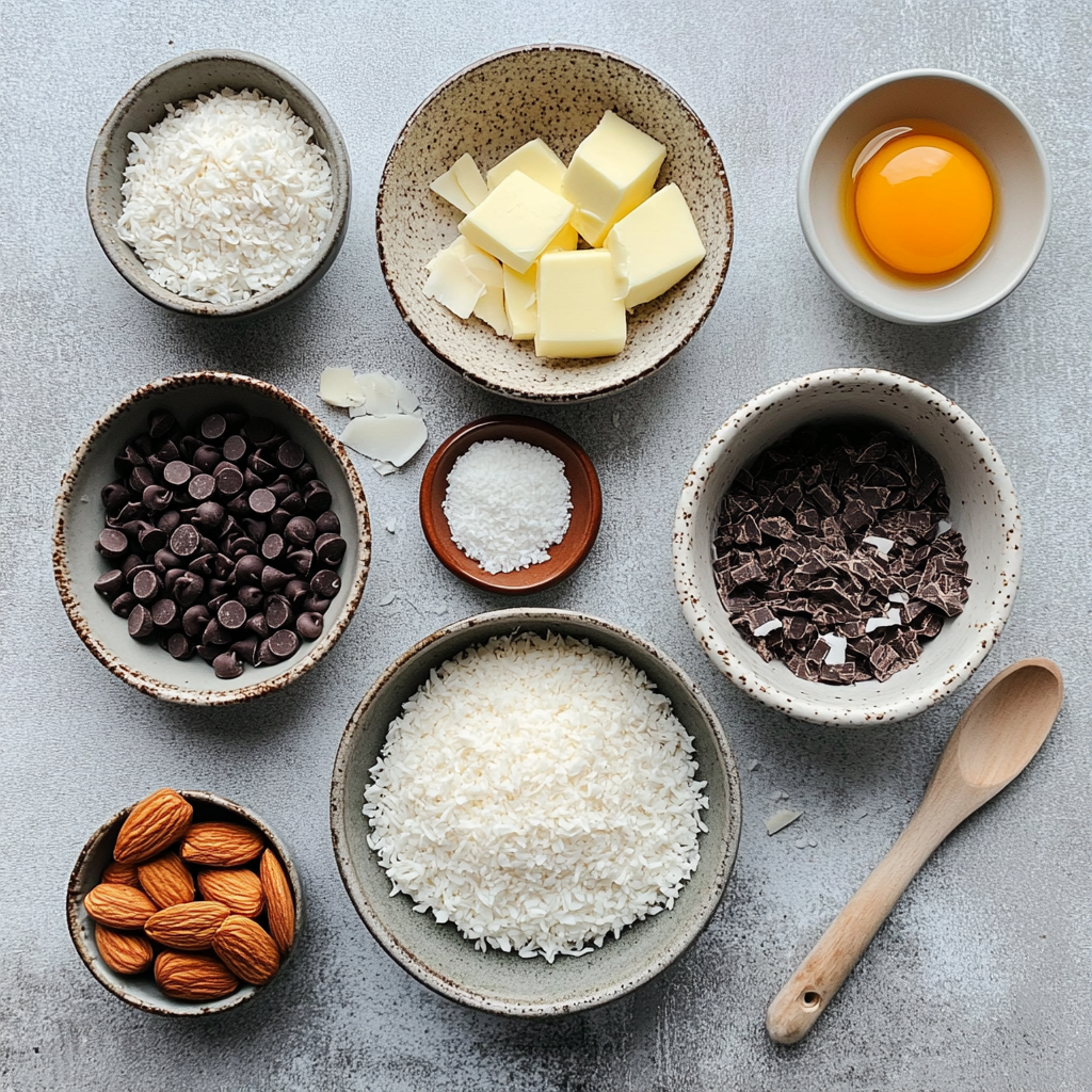 Almond Joy Cookies ingredients and preparation setup in a home kitchen