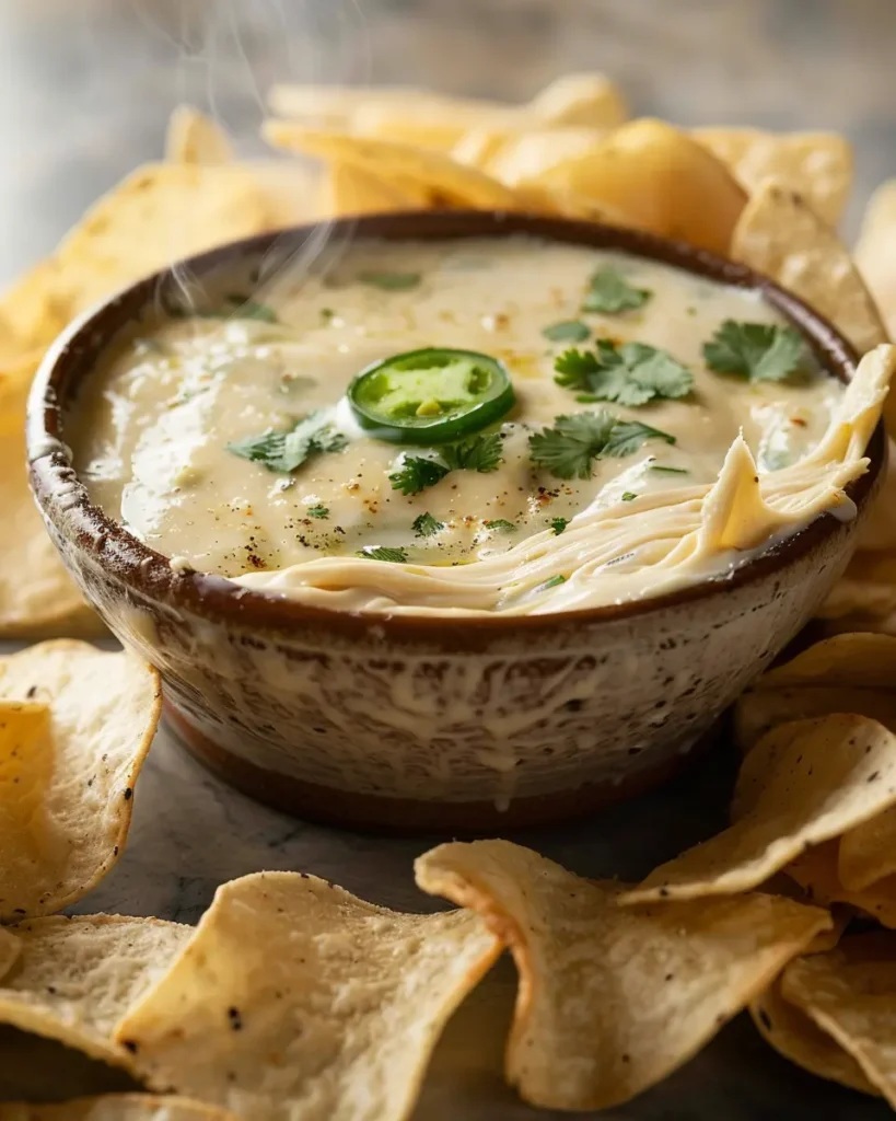 Close-up hero of creamy white queso dip with jalapeños and cilantro, glossy surface and gentle cheese pull, tortilla chips arranged around the bowl.