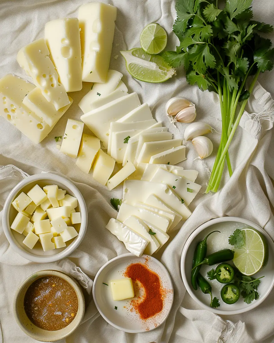 Neatly arranged white queso ingredients—white American cheese, milk, butter, cornstarch, garlic, chopped jalapeños, spices, cilantro, and lime wedges—on a neutral linen.
