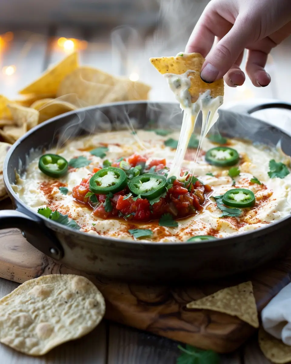 Hand dipping a tortilla chip into steaming white queso in a skillet; stretchy cheese pull with jalapeño rings, cilantro, and salsa drizzle on top.