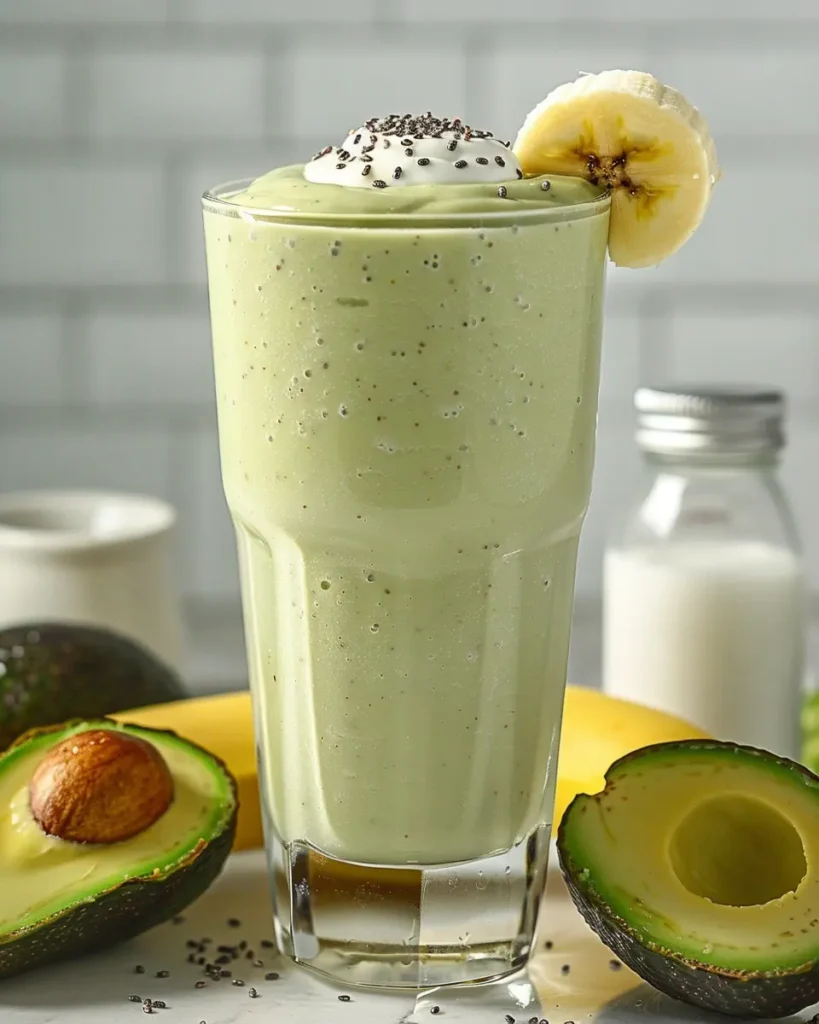 Creamy banana avocado yogurt smoothie in a clear glass with chia seeds, on a bright marble counter, soft window light