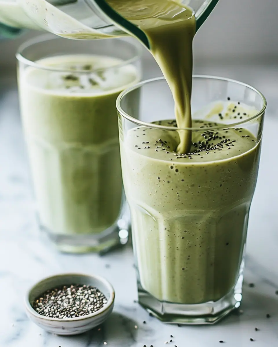 Thick banana avocado yogurt smoothie pouring into a clear glass, ribboned stream, chia garnish nearby on marble