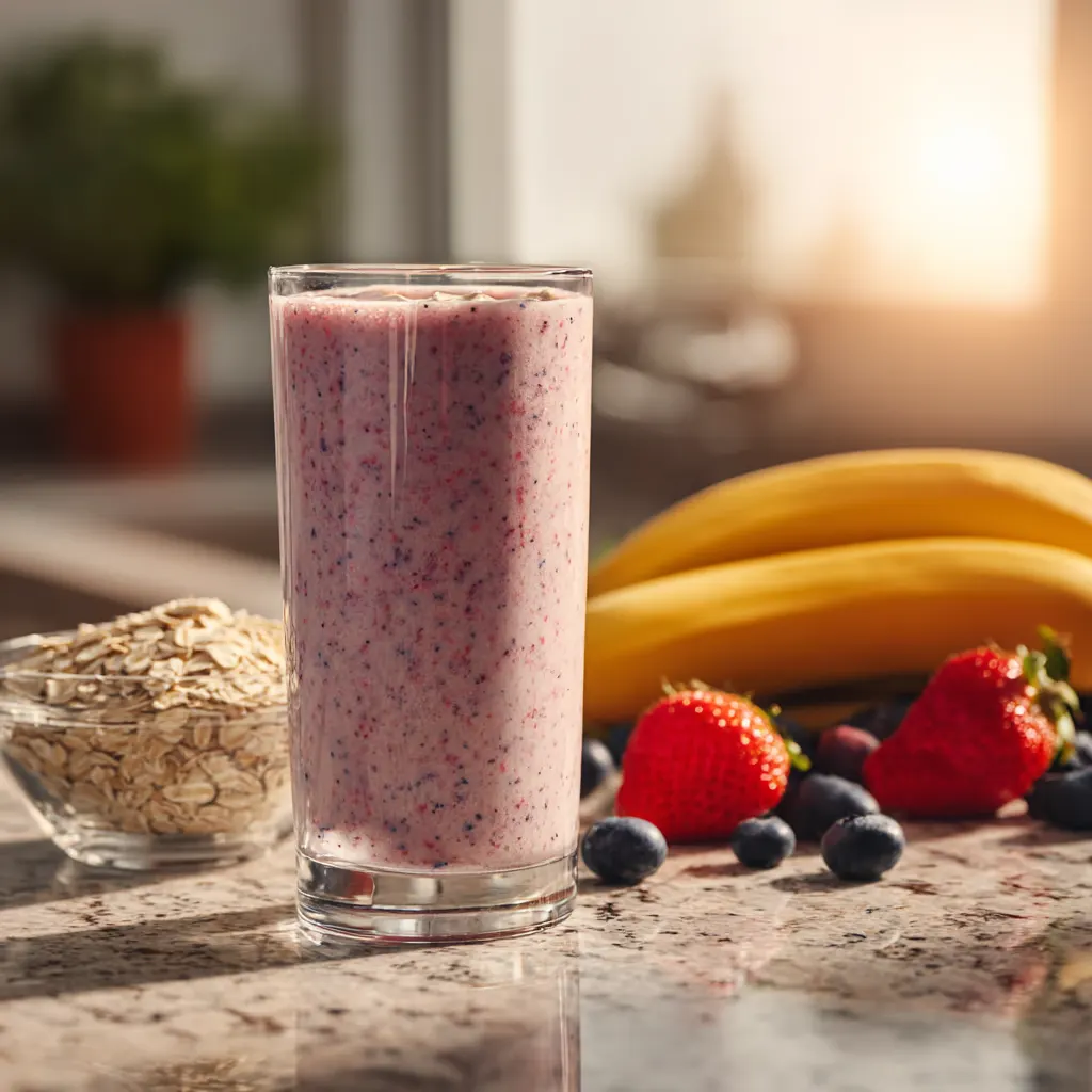 Berry and banana smoothie on rustic counter