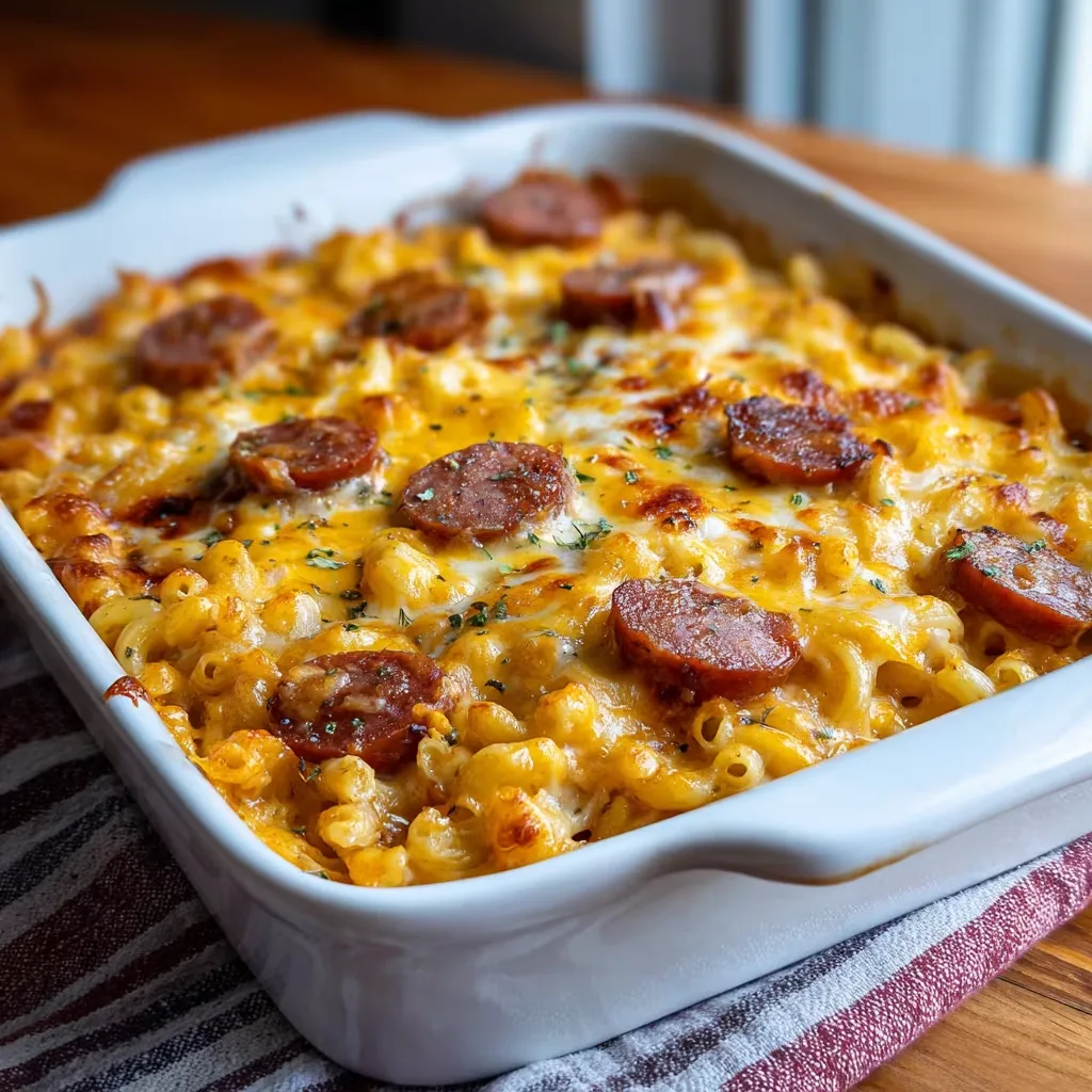 Chili Dog Mac and Cheese baked in a dish
