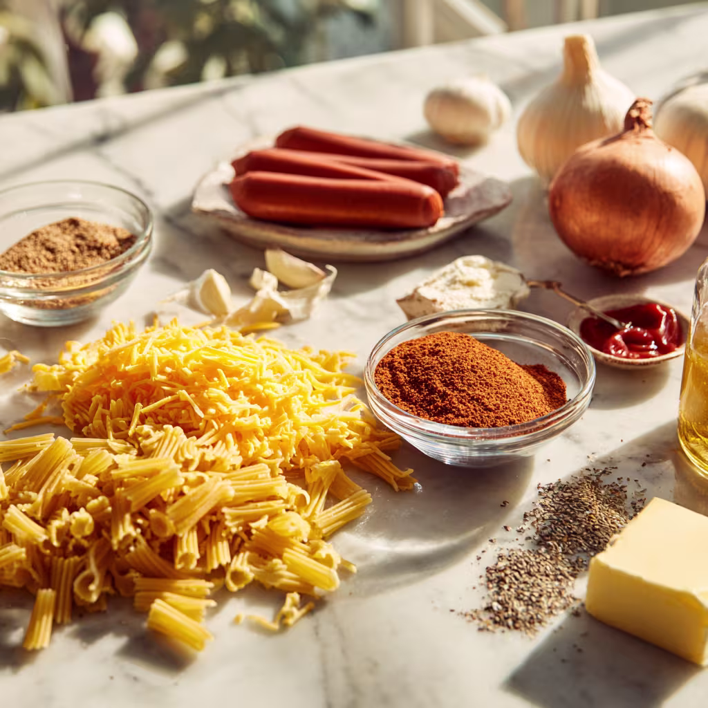 Ingredients for making Chili Dog Mac and Cheese