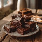 Chocolate brownie squares stacked on a wooden counter
