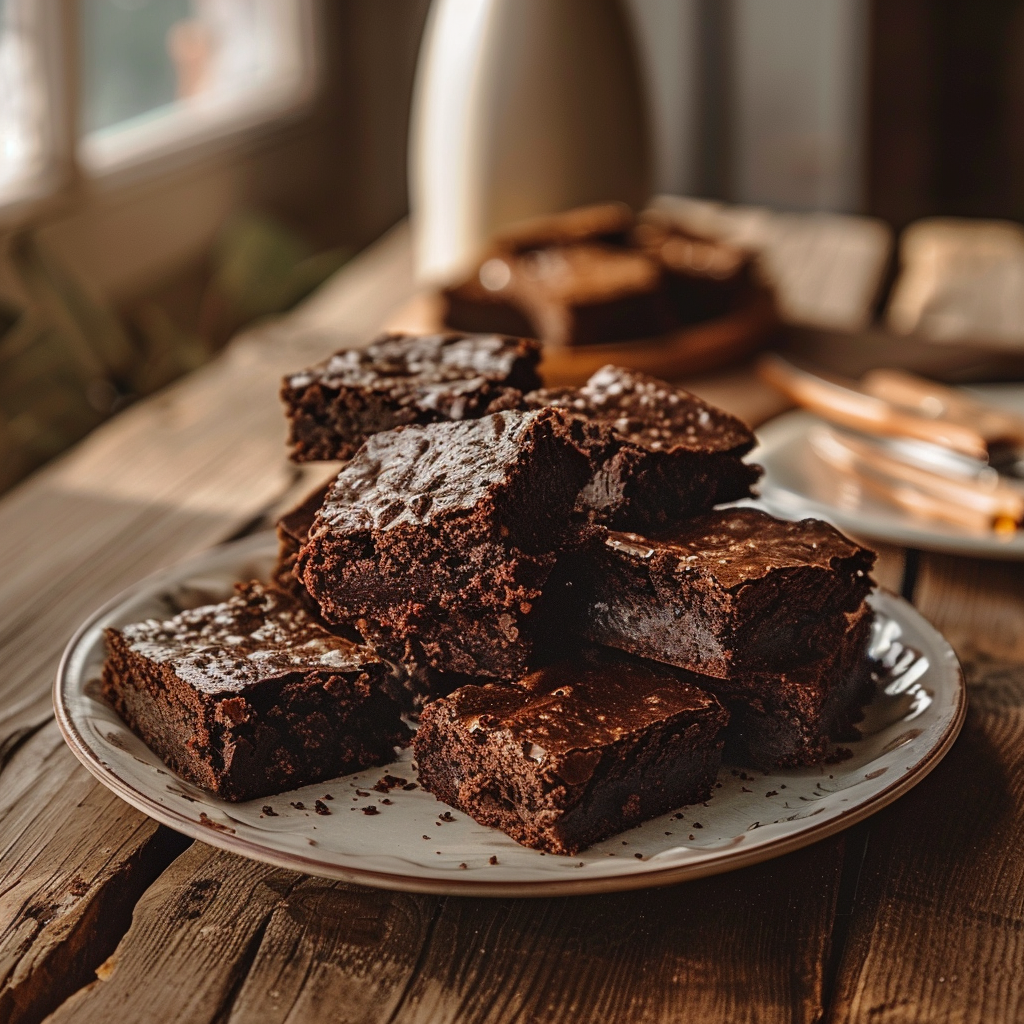 Chocolate brownie squares stacked on a wooden counter