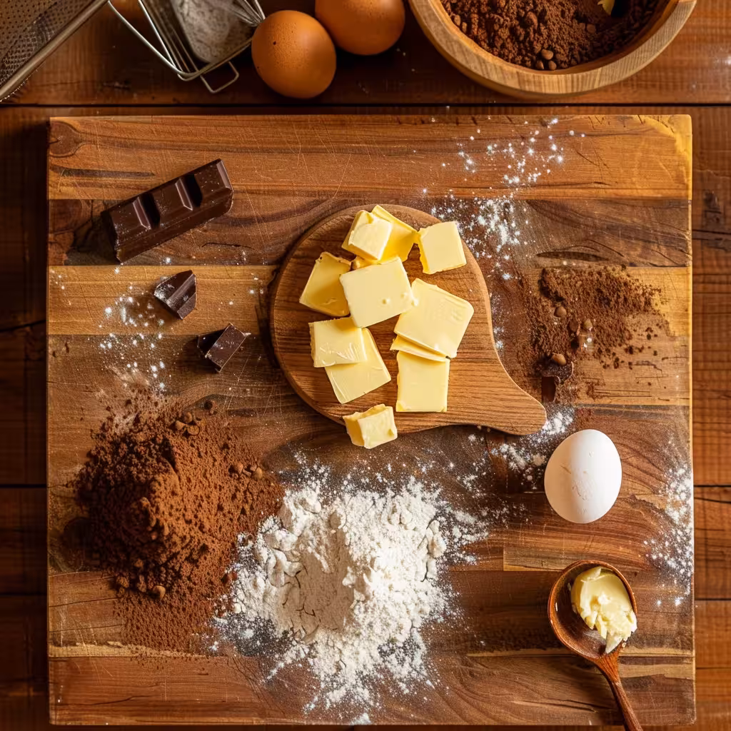 Brownie ingredients including cocoa powder, butter, eggs, and sugar laid out on a countertop