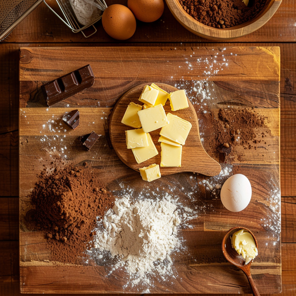Chocolate brownie ingredients on a kitchen cutting board