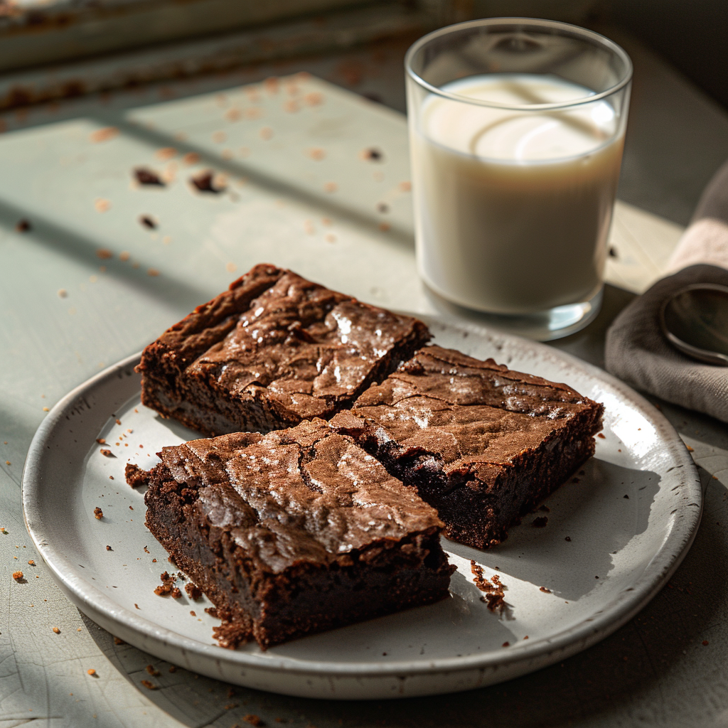 Chocolate brownie on a white plate with milk in a cozy kitchen