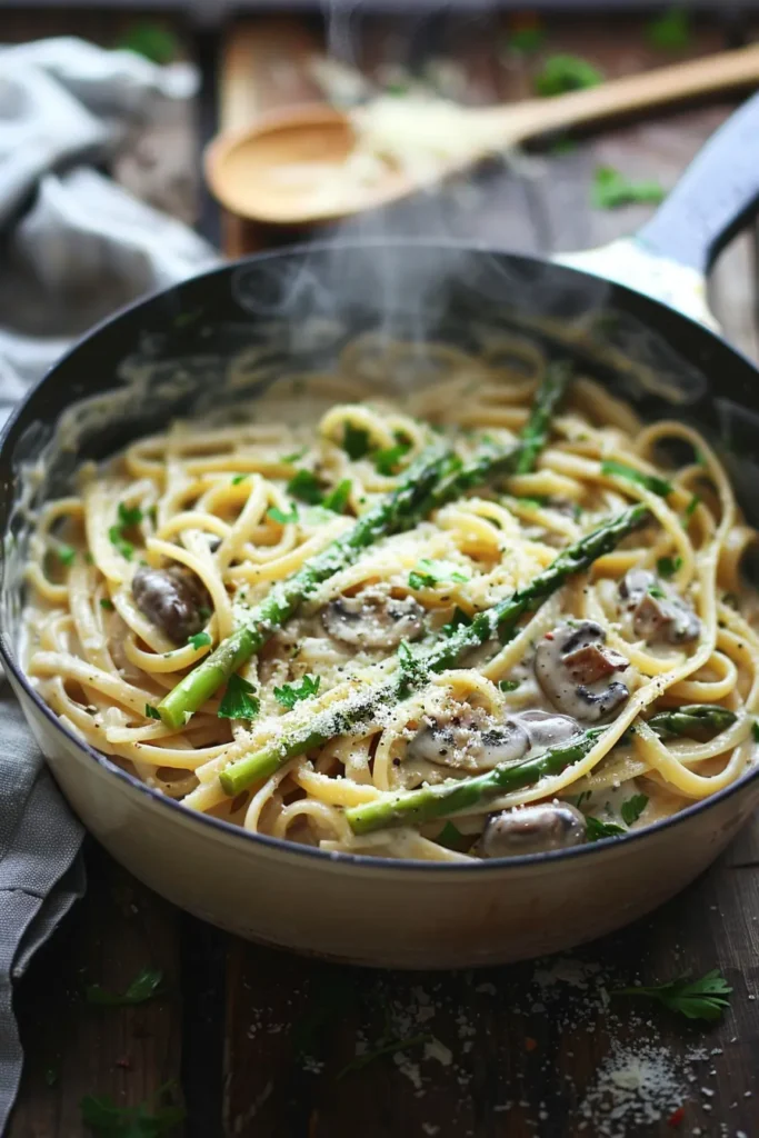 Mushroom Pasta Bowl of creamy asparagus and mushroom pasta topped with Parmesan and cracked black pepper, steaming under warm window light.