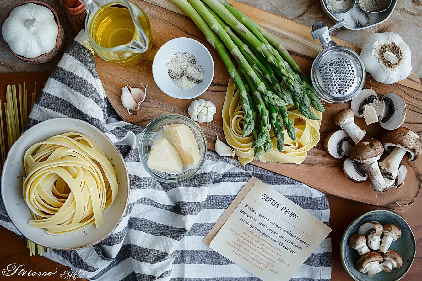 Mushroom Pasta Flat lay of trimmed asparagus, sliced mushrooms, dry fettuccine, Parmesan wedge with grater, garlic cloves, cream, olive oil, salt and pepper on a wooden board.