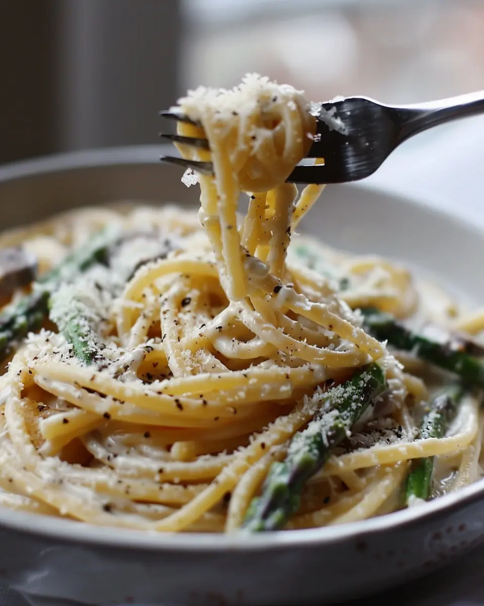 Mushroom Pasta Fork twirling creamy asparagus and mushroom pasta with visible mushroom slices and asparagus tips on a ceramic plate.