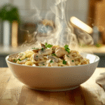 Creamy chicken and mushroom pasta recipe in serving bowl