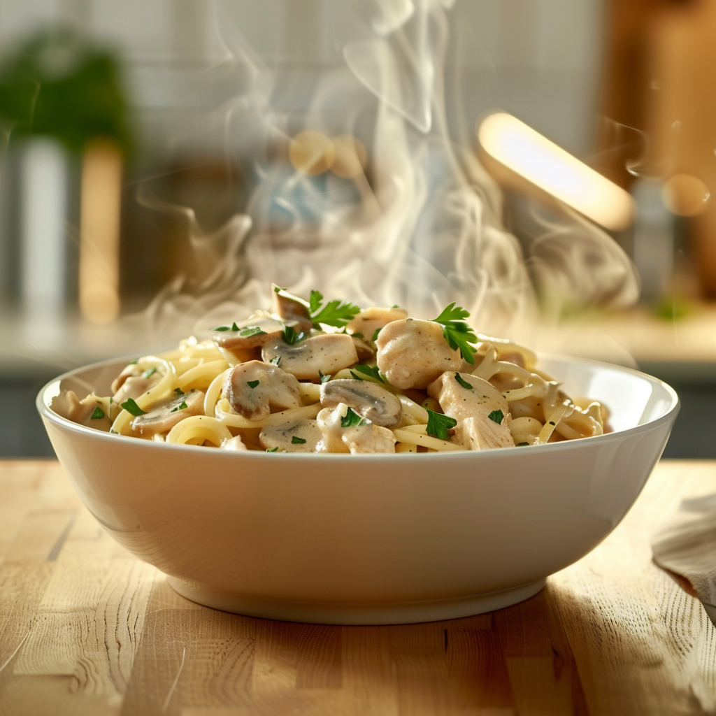 Creamy chicken and mushroom pasta recipe in serving bowl